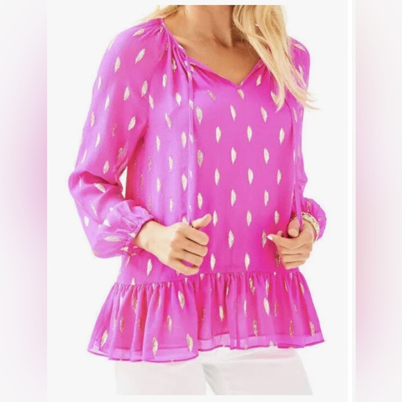 Lilly Pulitzer hot pink blouse with metallic gold embellishment - Picture 2 of 5